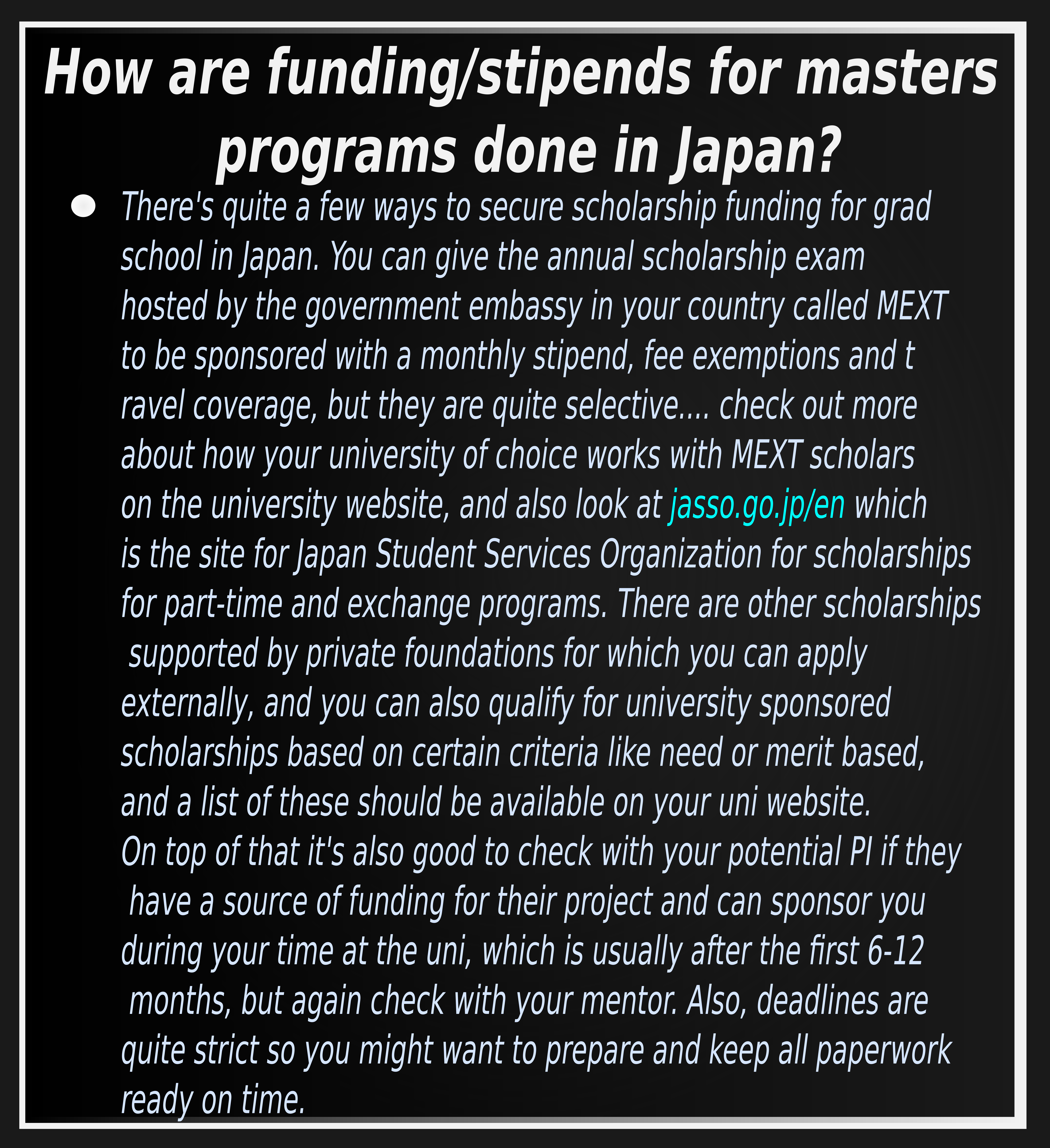 How are funding stipends for Master's program done in Japan?