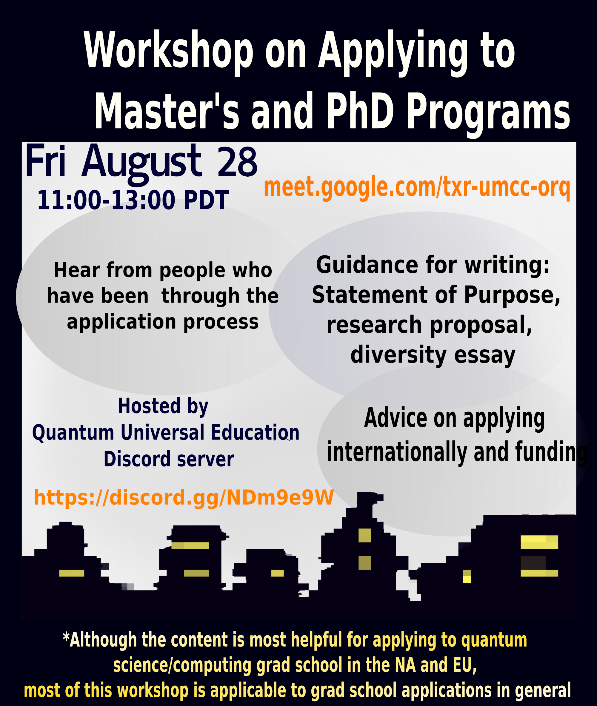 flyer for workshop on applying to graduate programs internationally by People Interested in Quantum Universal Education